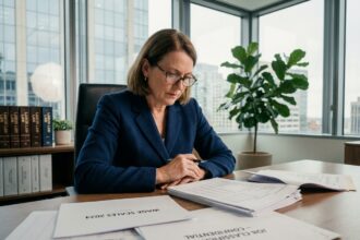 Responsable RH analysant les grilles salariales d'une convention collective dans un bureau professionnel