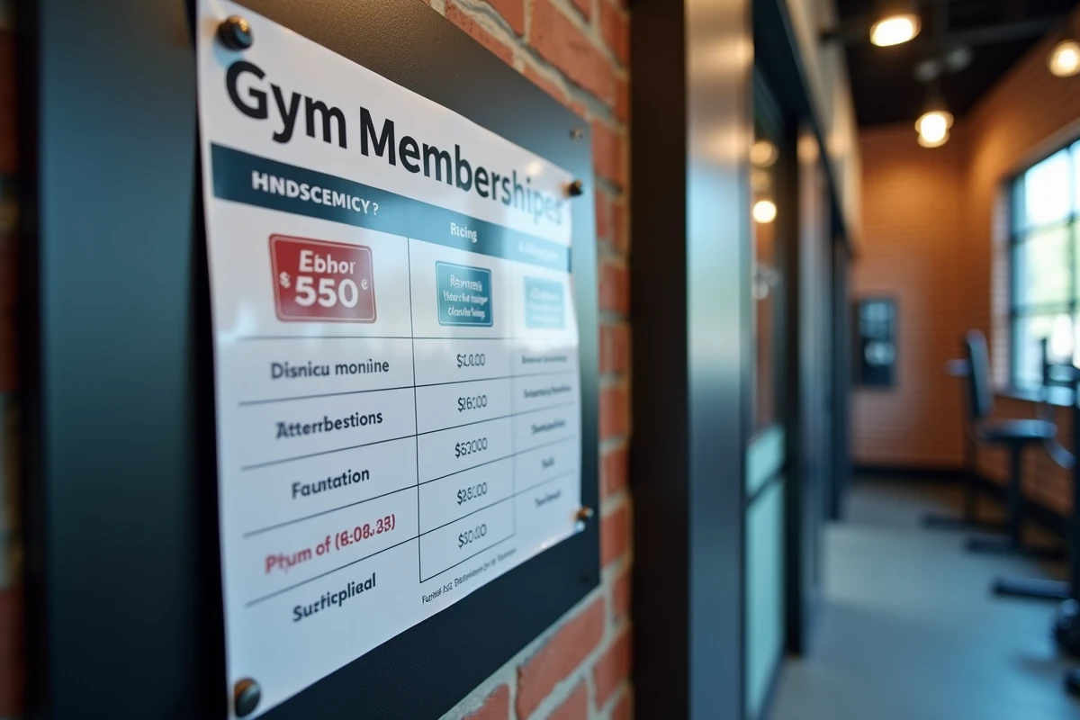 Gros plan sur une affiche tarifaire de salle de sport présentant trois formules d'abonnement avec promotions et typographie claire