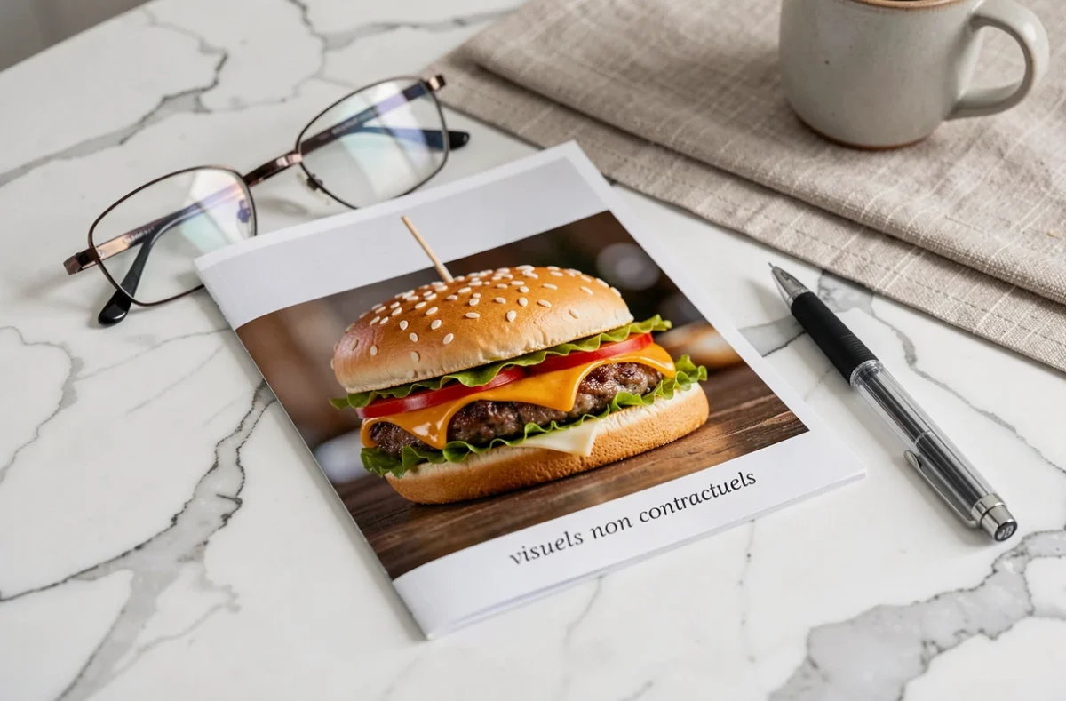 Gros plan sur la mention visuels non contractuels imprimée en bas d'une brochure publicitaire sur une surface en marbre