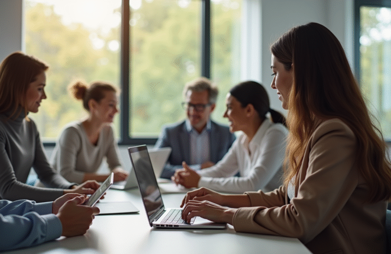 Groupe divers d'adultes en bureau lumineux lors d'une session d'apprentissage numérique