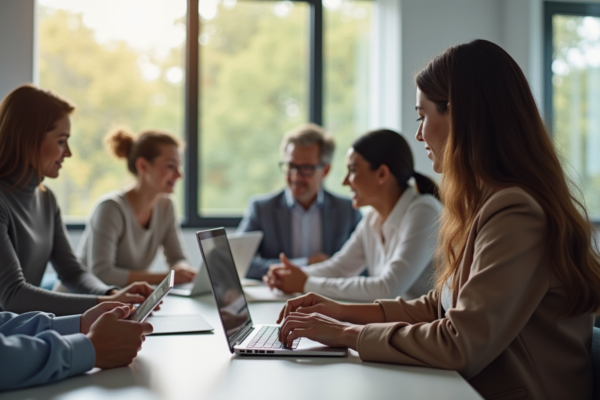 Groupe divers d'adultes en bureau lumineux lors d'une session d'apprentissage numérique