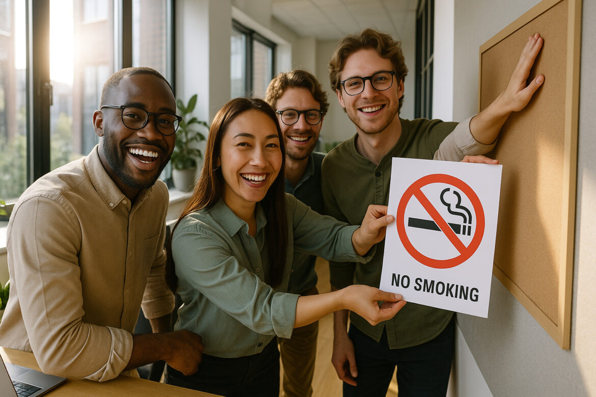 Groupe de collègues dans un bureau moderne affichant un panneau anti-tabac