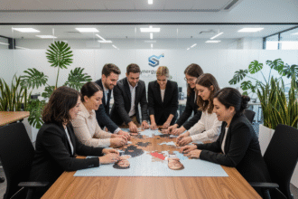 Groupe d'employes divers assemble un puzzle d'entreprise