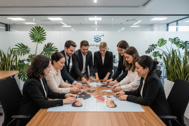 Groupe d'employes divers assemble un puzzle d'entreprise