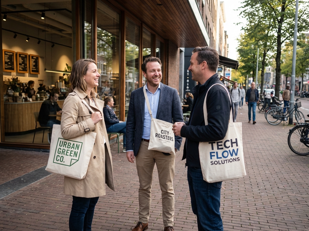 Groupe de trois personnes avec tote bags dans un café urbain