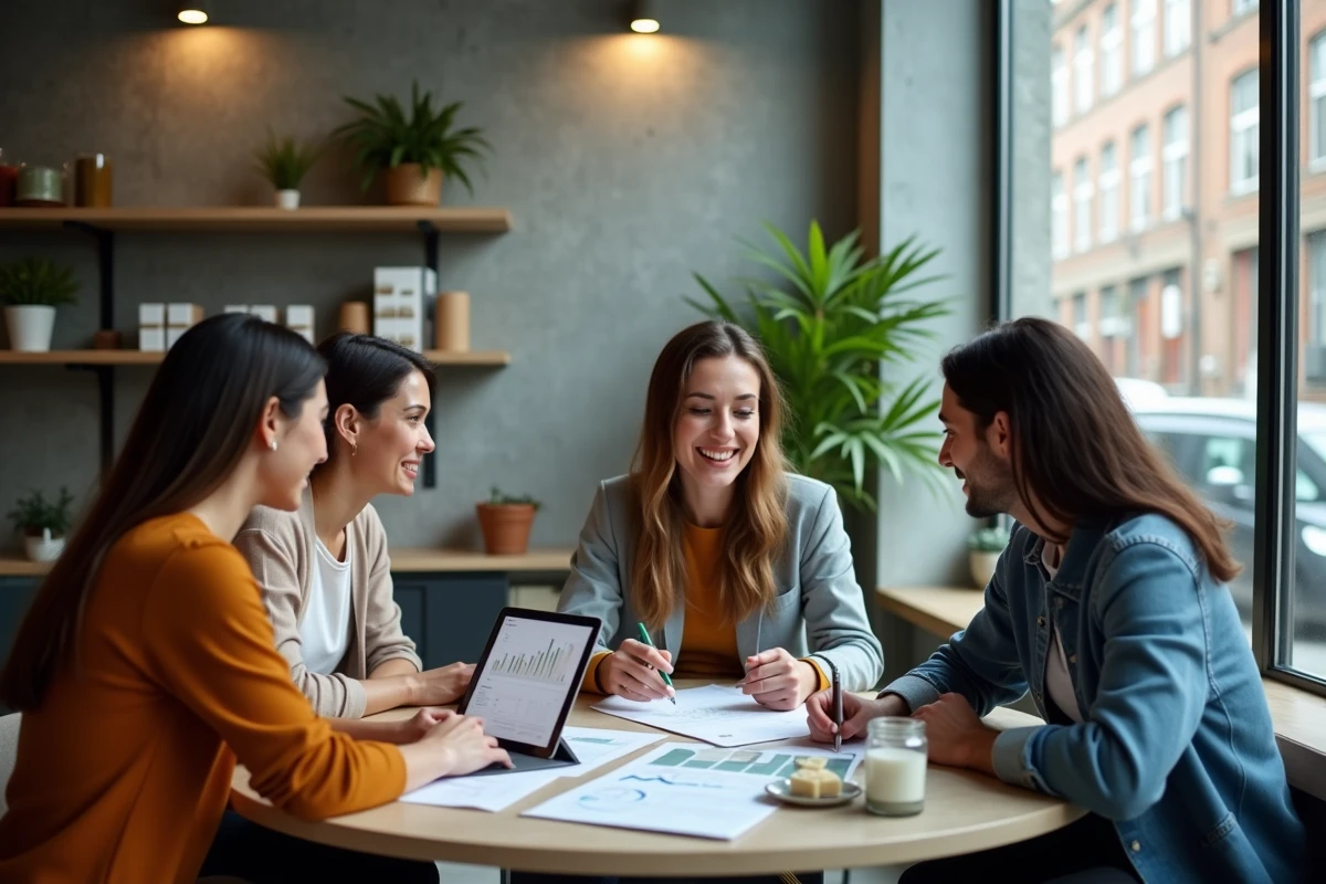 Groupe d'entrepreneurs indépendants analysant des rapports de vente et des outils de gestion Partylite My Business dans un espace de coworking moderne
