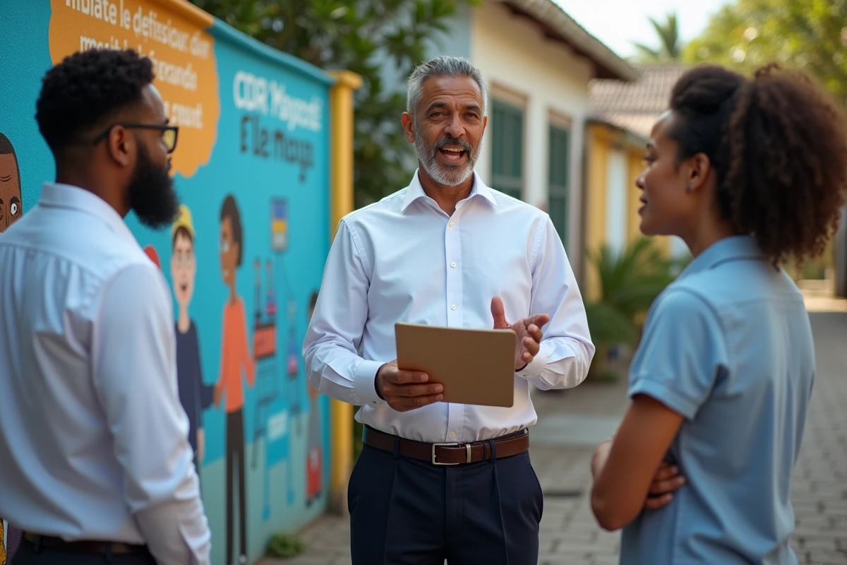 Groupe de personnes discutant devant un mur coloré à Mayotte