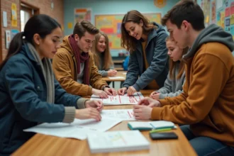 Groupe divers préparant des secours en centre communautaire
