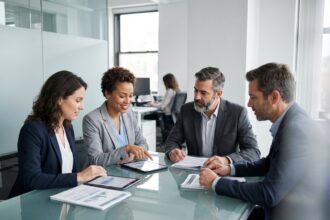 Groupe de professionnels en réunion dans un bureau moderne