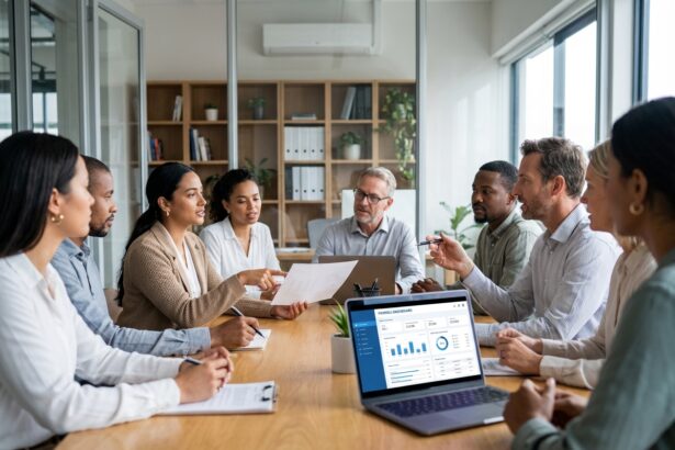 Groupe de professionnels en réunion dans un bureau moderne