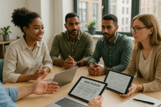 Groupe de professionnels en réunion dans un bureau lumineux