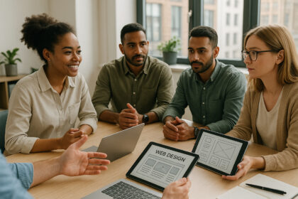 Groupe de professionnels en réunion dans un bureau lumineux