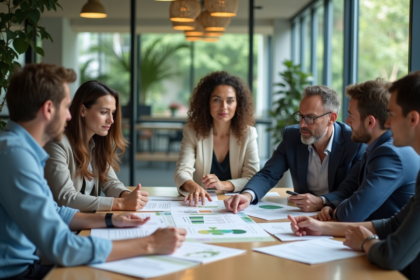 Groupe de professionnels collaborant sur un projet écologique