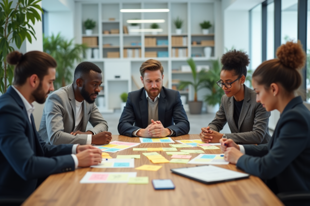 Groupe de professionnels autour de notes colorées pour l'article