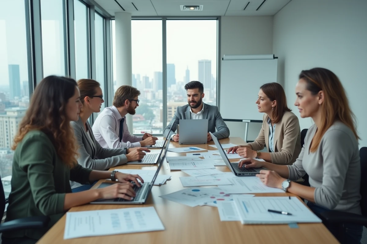 Groupe de professionnels analysant les pièges et nouvelles règles du CSP lors d'une réunion de travail