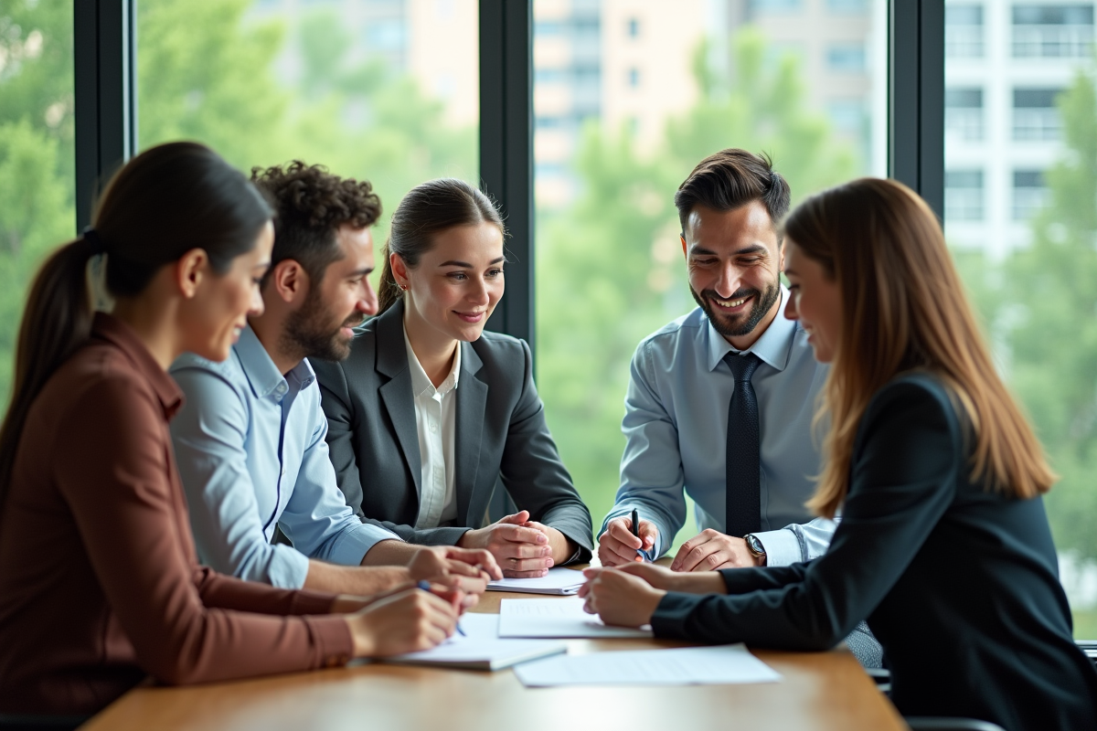 Groupe de professionnels dans un bureau avec vue urbaine verte