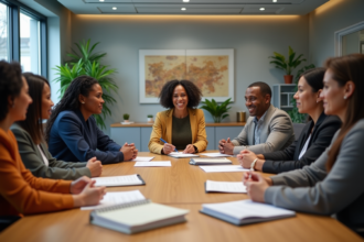 Groupe de personnes en réunion de travail dans un bureau moderne