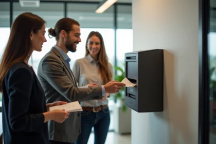 Groupe de collègues autour d'une boîte à idées moderne