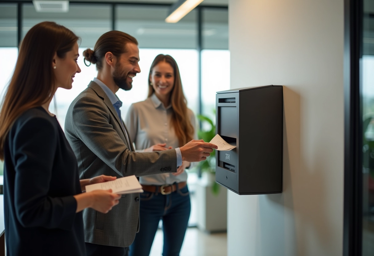 Groupe de collègues autour d'une boîte à idées moderne
