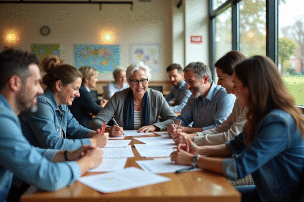 Groupe d'adultes divers travaillant ensemble en centre communautaire