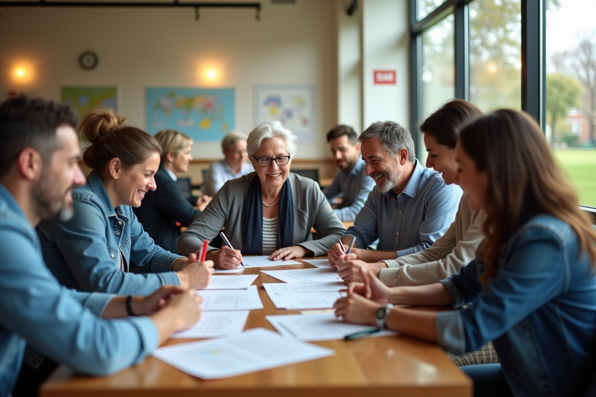 Groupe d'adultes divers travaillant ensemble en centre communautaire