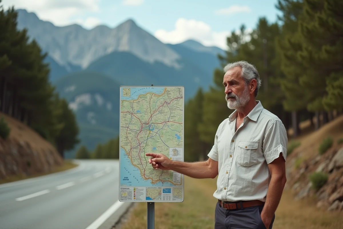 Homme corse d'âge mûr consultant une carte routière en montagne illustrant l'absence de fast-food dans les zones rurales de l'île