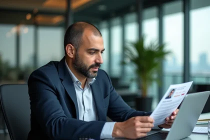 Homme d'affaires consultant une fiche entreprise sur societe.com dans un bureau moderne
