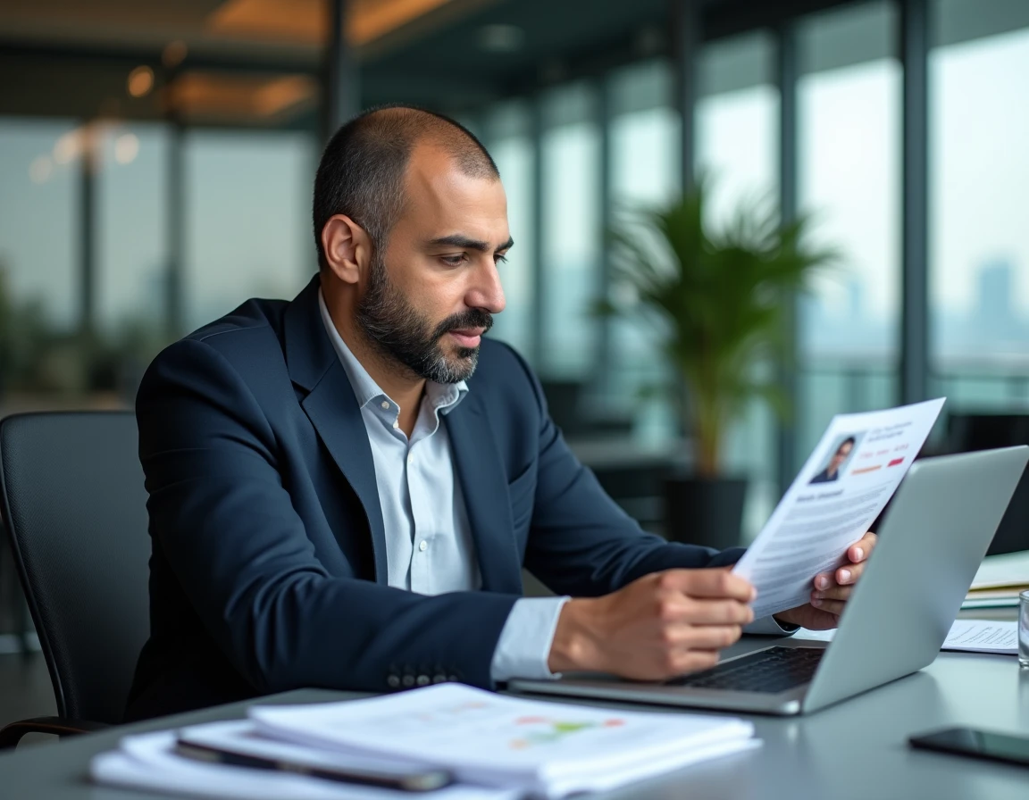 Homme d'affaires consultant une fiche entreprise sur societe.com dans un bureau moderne