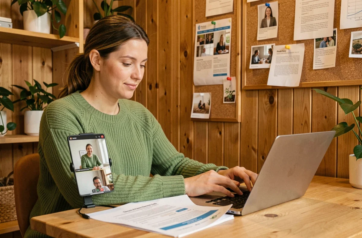 Coordinatrice web de l'agence Holistik Web en visioconférence avec un client tout en consultant un plan de contenu dans un bureau chaleureux en Pays de la Loire