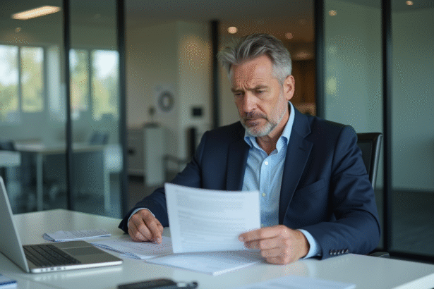 Homme d'affaires en costume bleu examine un document