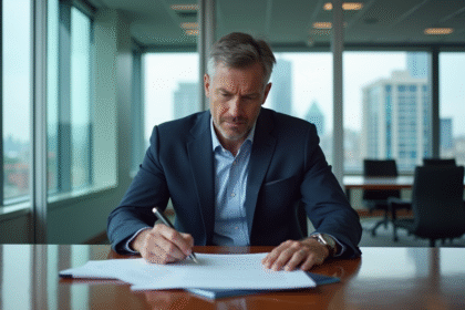 Homme d'affaires en costume navy dans un bureau moderne