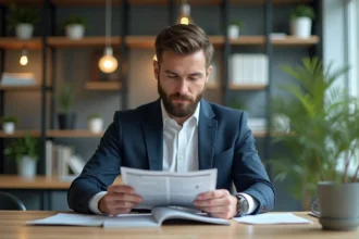 Homme d'affaires lisant un magazine dans un bureau moderne