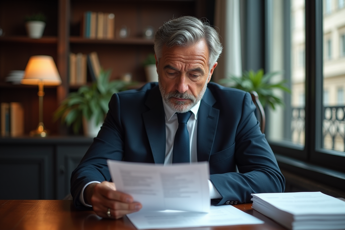 Homme d'affaires français en costume bleu lisant des documents officiels