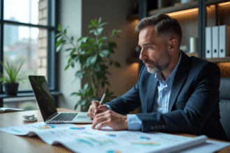 Homme d'affaires en bureau avec rapports SEO et carte