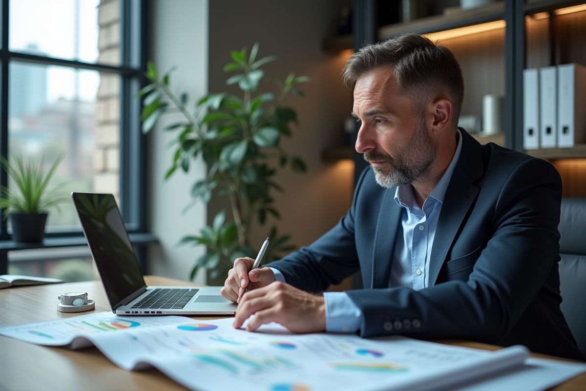 Homme d'affaires en bureau avec rapports SEO et carte