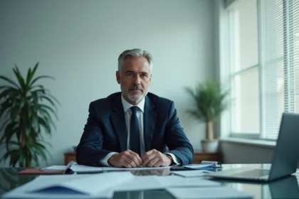 Homme d'affaires assis à un bureau avec documents d'entreprise et ordinateur portable, ambiance corporate froide évoquant une société fantôme internationale