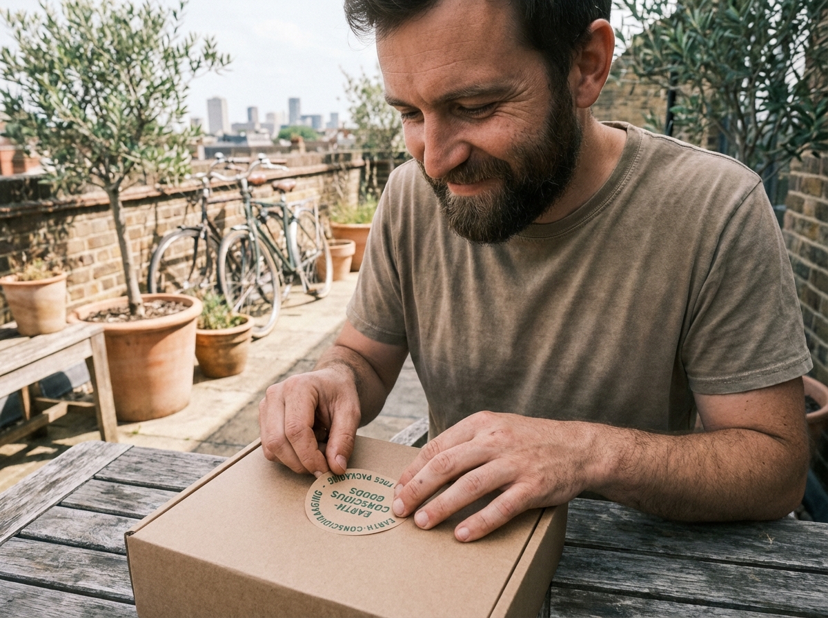 Homme appliquant un sticker écologique sur un colis en extérieur