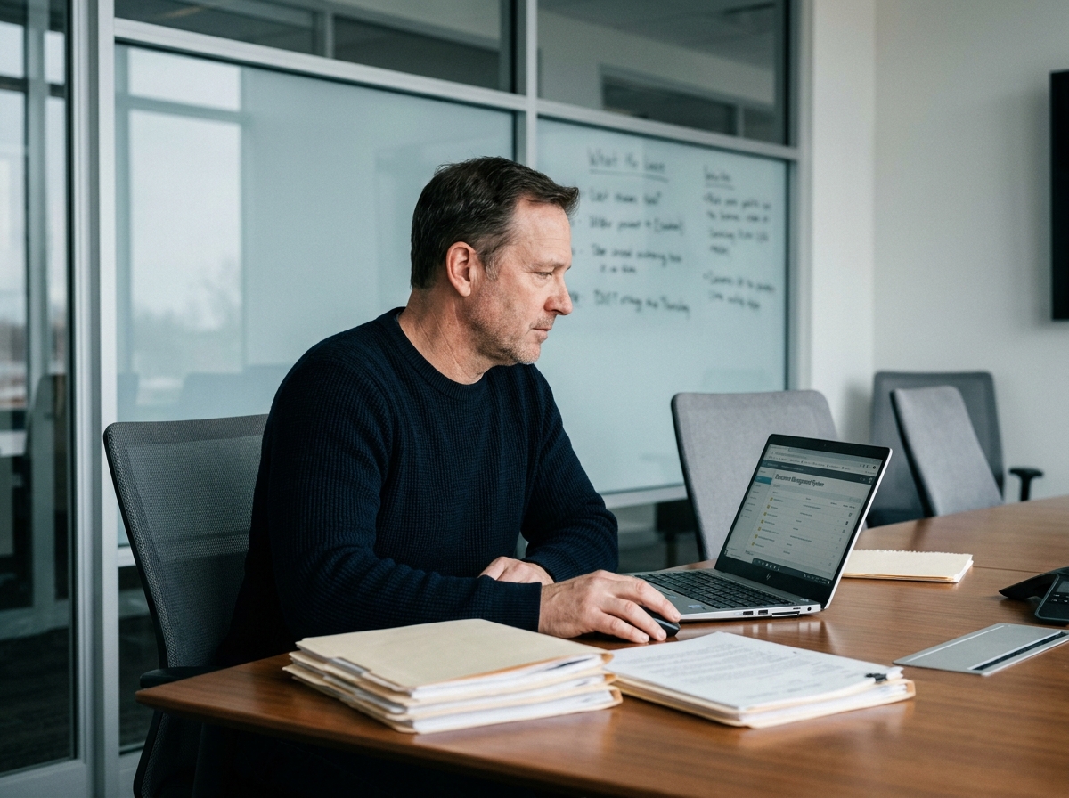 Homme d'affaires gérant l'archivage numérique et papier de documents professionnels dans une salle de réunion moderne