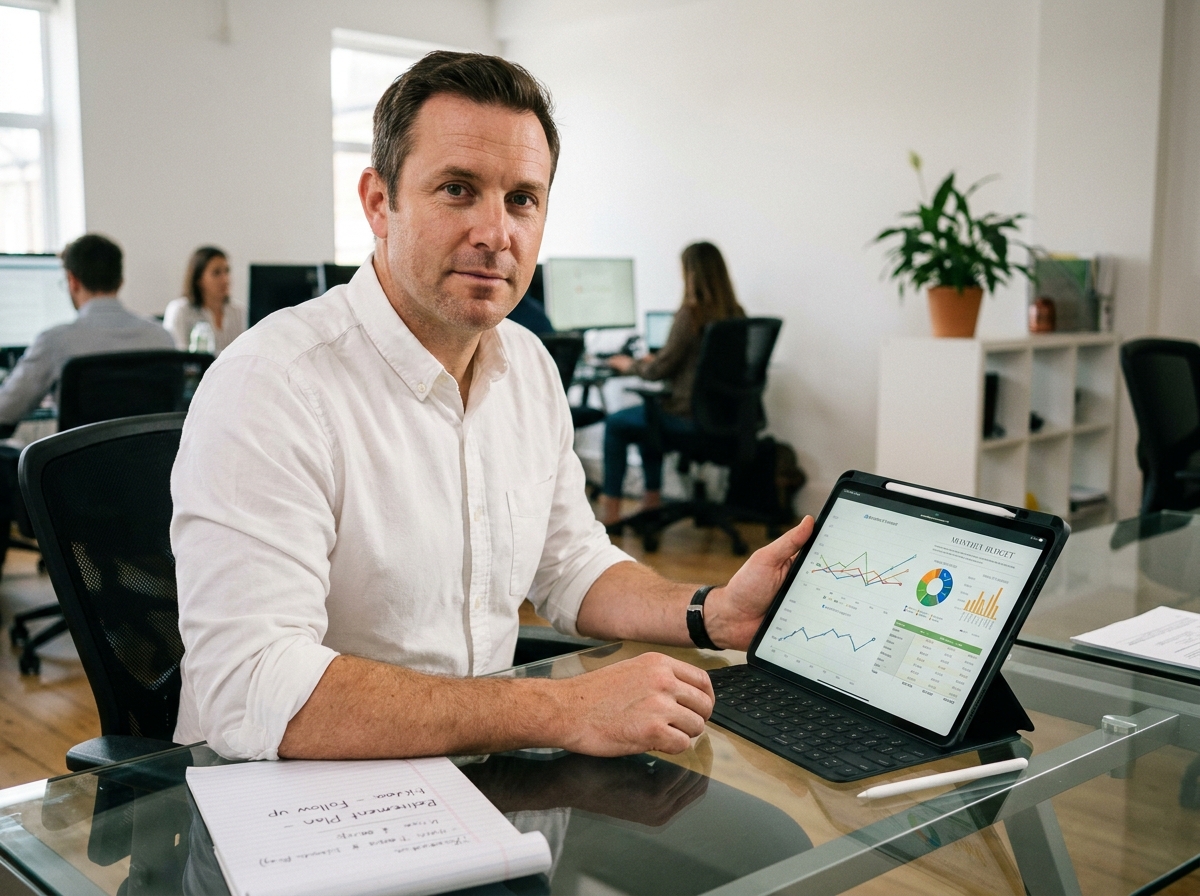 Homme analysant son budget mensuel sur une tablette avec un logiciel de gestion financière au bureau