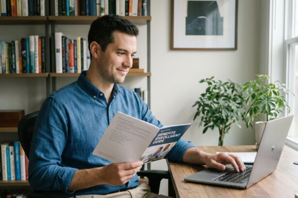 Homme concentré en bureau avec documents et ordinateur