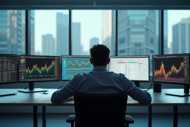 Homme d'affaires fatigué au bureau avec écrans chargés