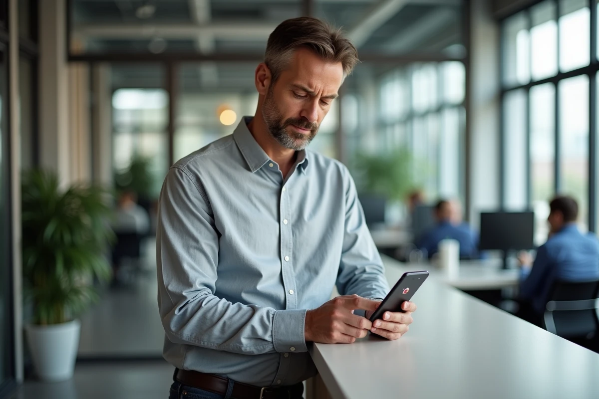 Homme au bureau consultant son smartphone face à un problème de connexion sur l'application My Arkevia