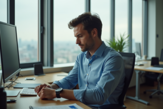 Homme de bureau regardant sa montre au travail