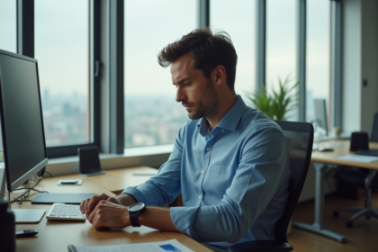 Homme de bureau regardant sa montre au travail