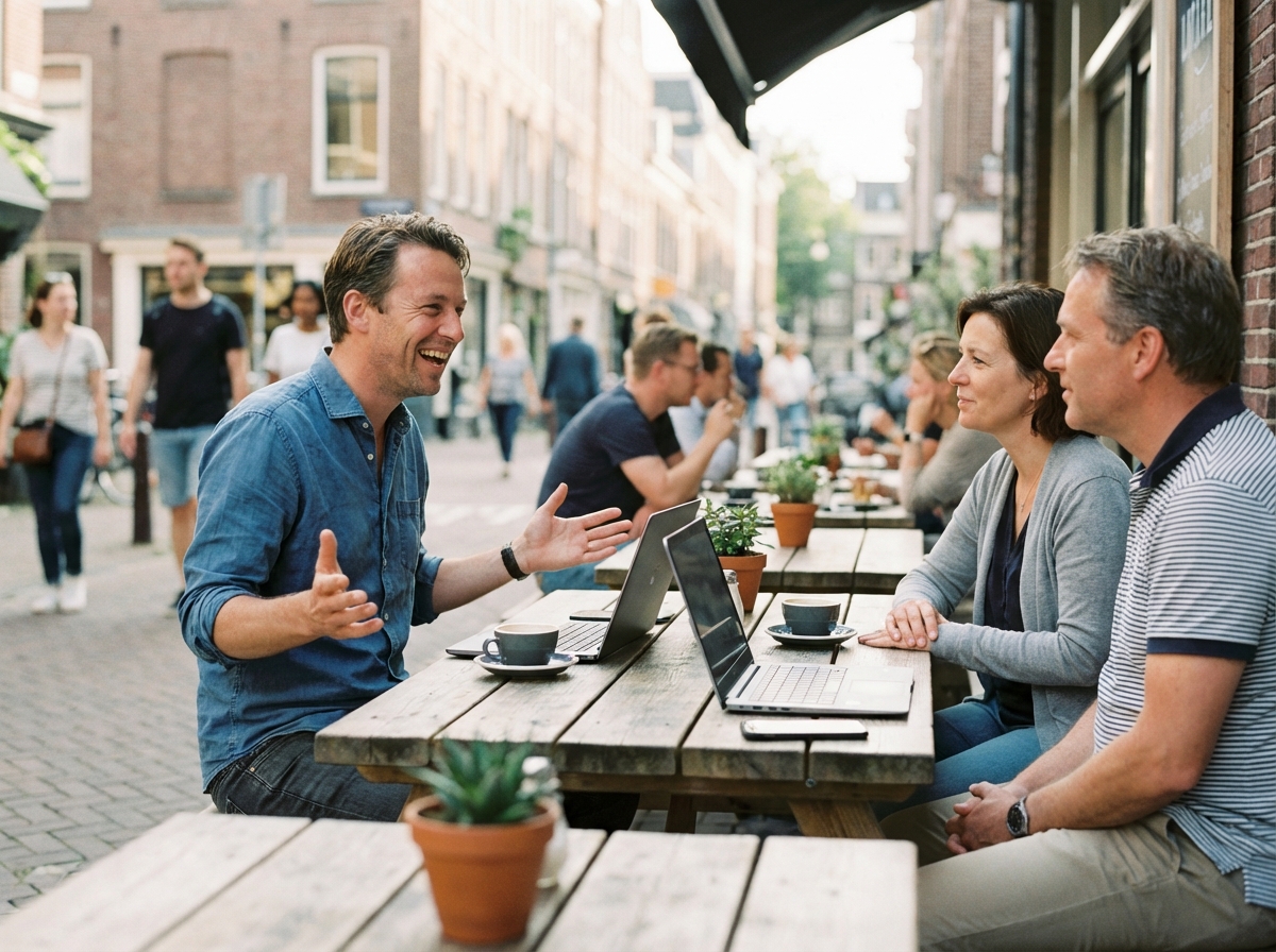 Homme en discussion détendue avec collègues en terrasse