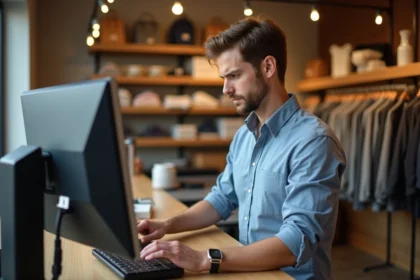 Homme en chemise utilisant une caisse tactile en boutique