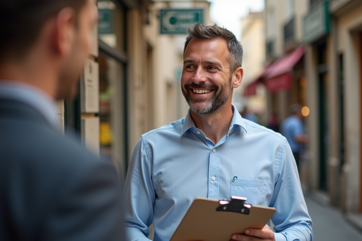 Homme souriant devant sa boutique dans une rue française