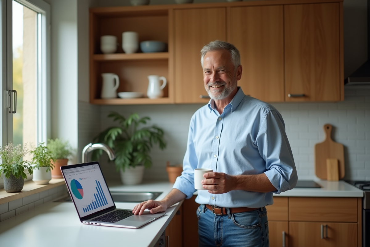 Homme au salon consultant des graphiques fiscaux sur son ordinateur