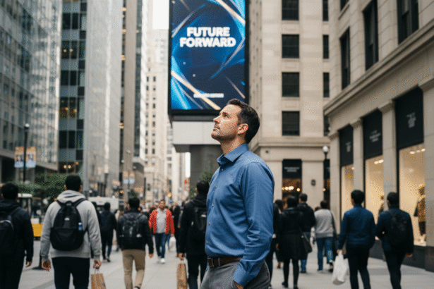 Homme en ville regardant une grande affiche publicitaire