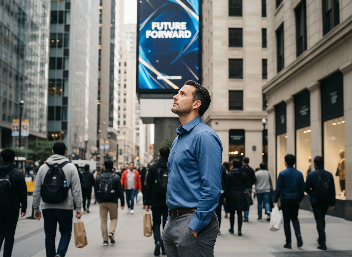 Homme en ville regardant une grande affiche publicitaire